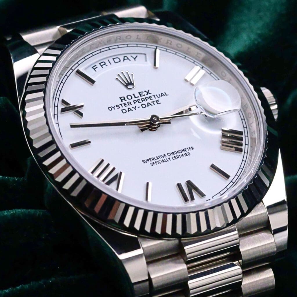 Rolex Day-Date 40 White Dial Fluted Bezel President Bracelet White Gold MINT CONDITION COMPLETE SET 228239