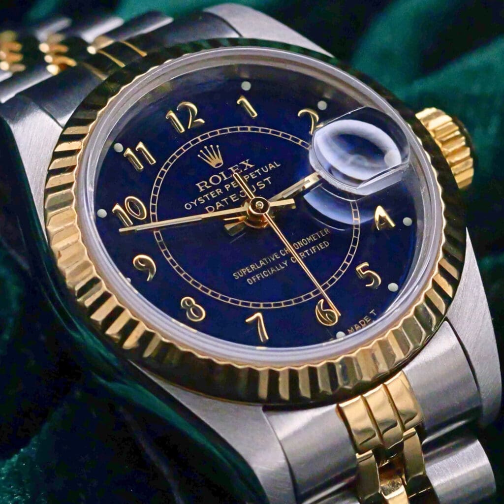 Rolex Lady-Datejust 26 Blue Boiler Gauge Dial Fluted Bezel Stainless Steel Yellow Gold 26mm MINT CONDITION COMPLETE SET 69173