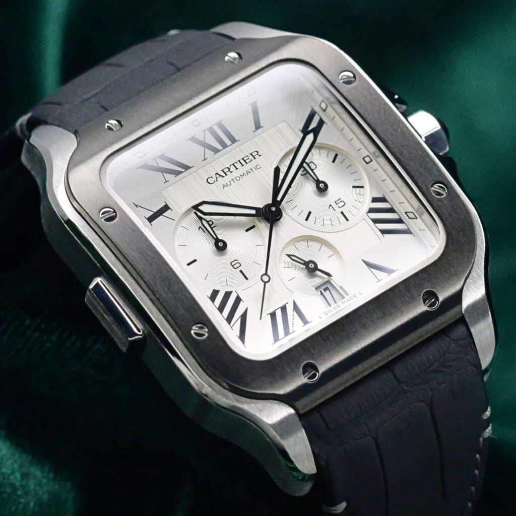 Cartier Santos De Cartier Chronograph Silver Dial Black ADLC Steel Bezel Black Leather Strap Stainless Steel 43.3mm MINT CONDITION COMPLETE SET WSSA0017
