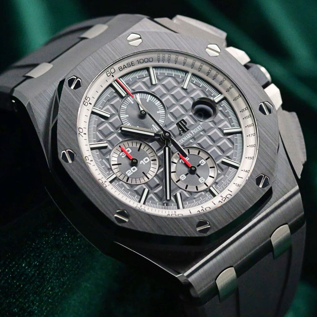 Audemars Piguet Royal Oak Offshore Chronograph Grey Dial Black Ceramic Bezel Black Rubber Strap Ceramic 44mm MINT CONDITION COMPLETE SET 26405CE.OO.A002CA.01