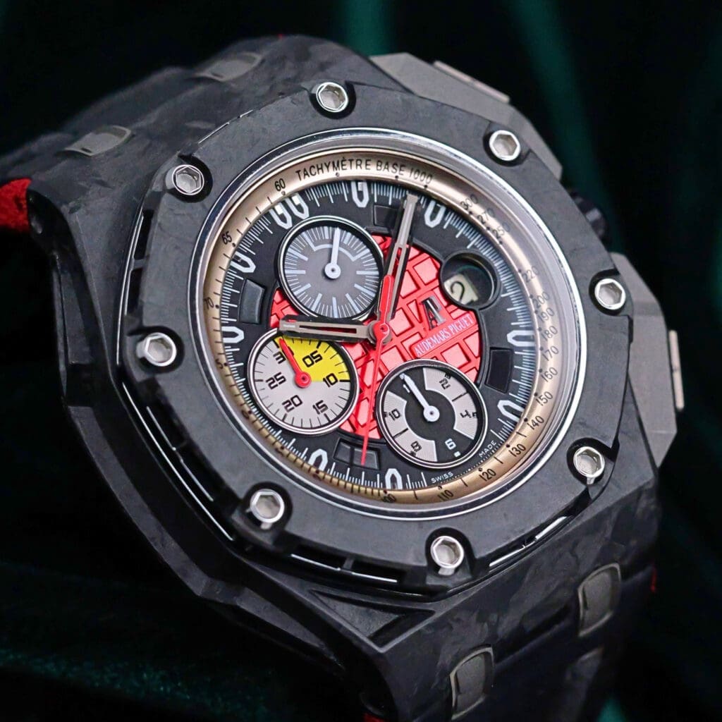 Audemars Piguet Royal Oak Offshore Chronograph Grand Prix Limited Edition Black Red Dial Black Leather Strap Carbon Fiber 44mm MINT CONDITION COMPLETE SET 26290IO.OO.A001VE.01
