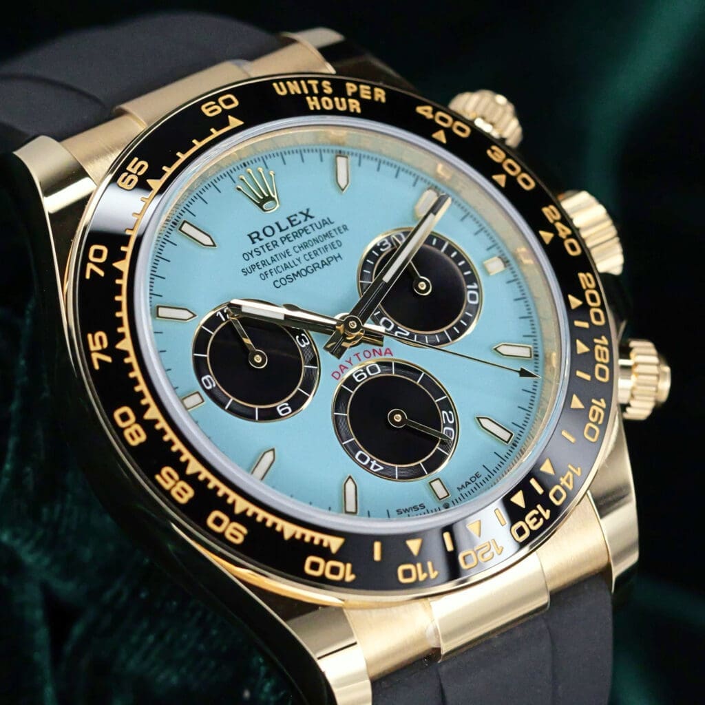 2025 NEW UNWORN Rolex Daytona Cosmograph "Tiffany" Tiffany Blue Dial Black Subdials Black Ceramic Bezel Black Oysterflex Strap Yellow Gold 40mm COMPLETE SET 126518LN-0013