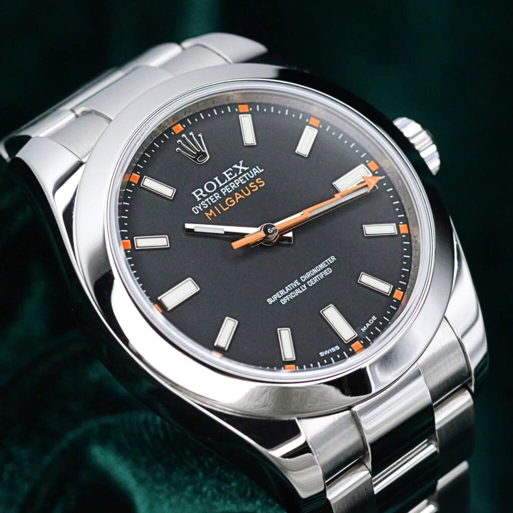Rolex Milgauss Black Dial Orange Accents Smooth Bezel Oyster Steel Bracelet Stainless Steel 40mm MINT CONDITION COMPLETE SET 116400
