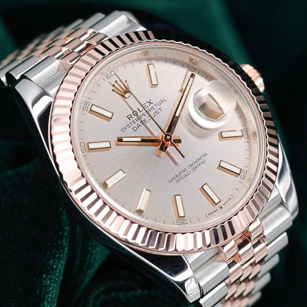 Rolex Datejust Sundust Silver Dial Fluted Bezel Jubilee Bracelet Two-Tone 18K Rose Gold Stainless Steel 41mm MINT CONDITION COMPLETE SET 126331