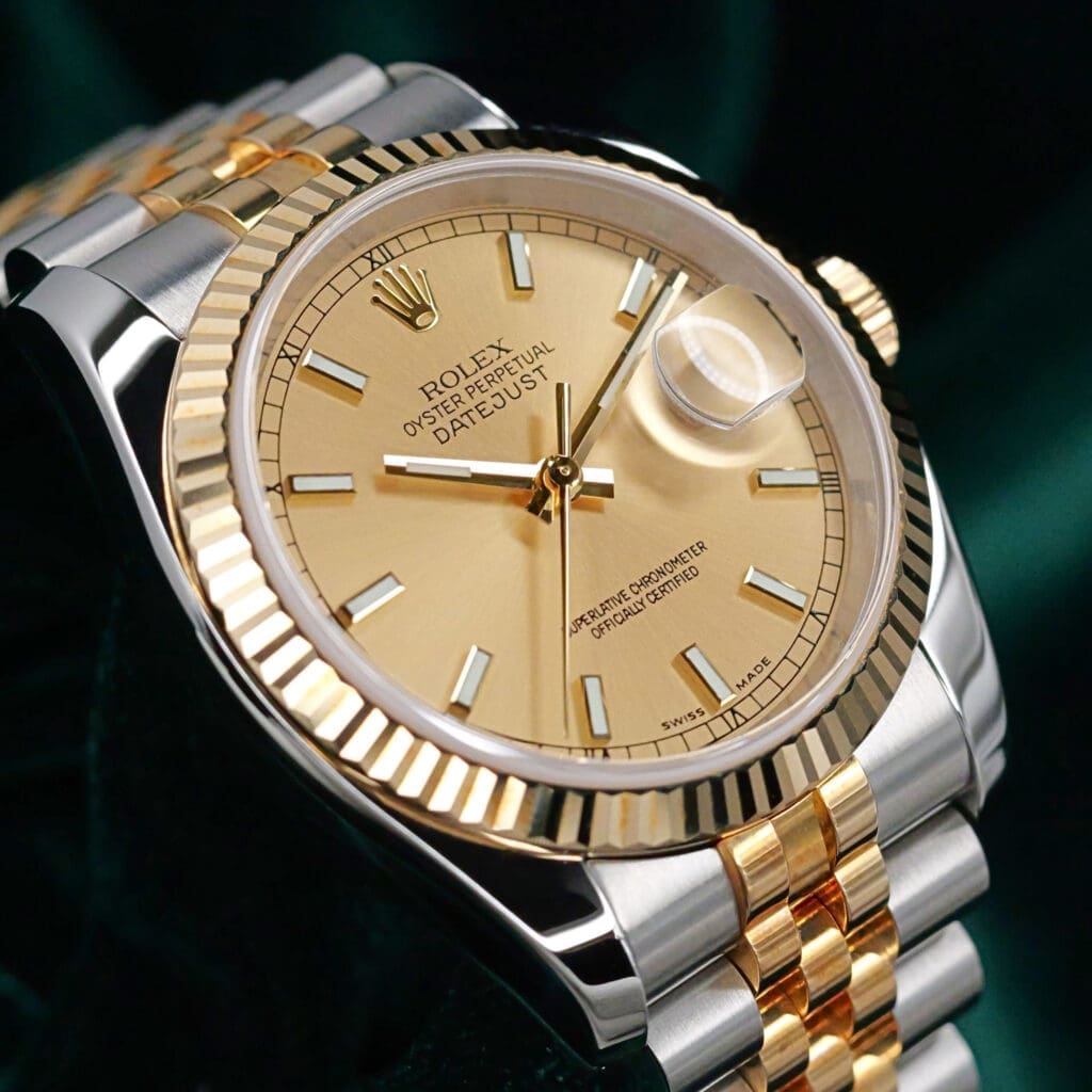 Rolex Datejust 36 Champagne Gold Dial Fluted Bezel Jubilee Bracelet Two Tone 18K Yellow Gold Stainless Steel MINT CONDITION FULL SET 116233