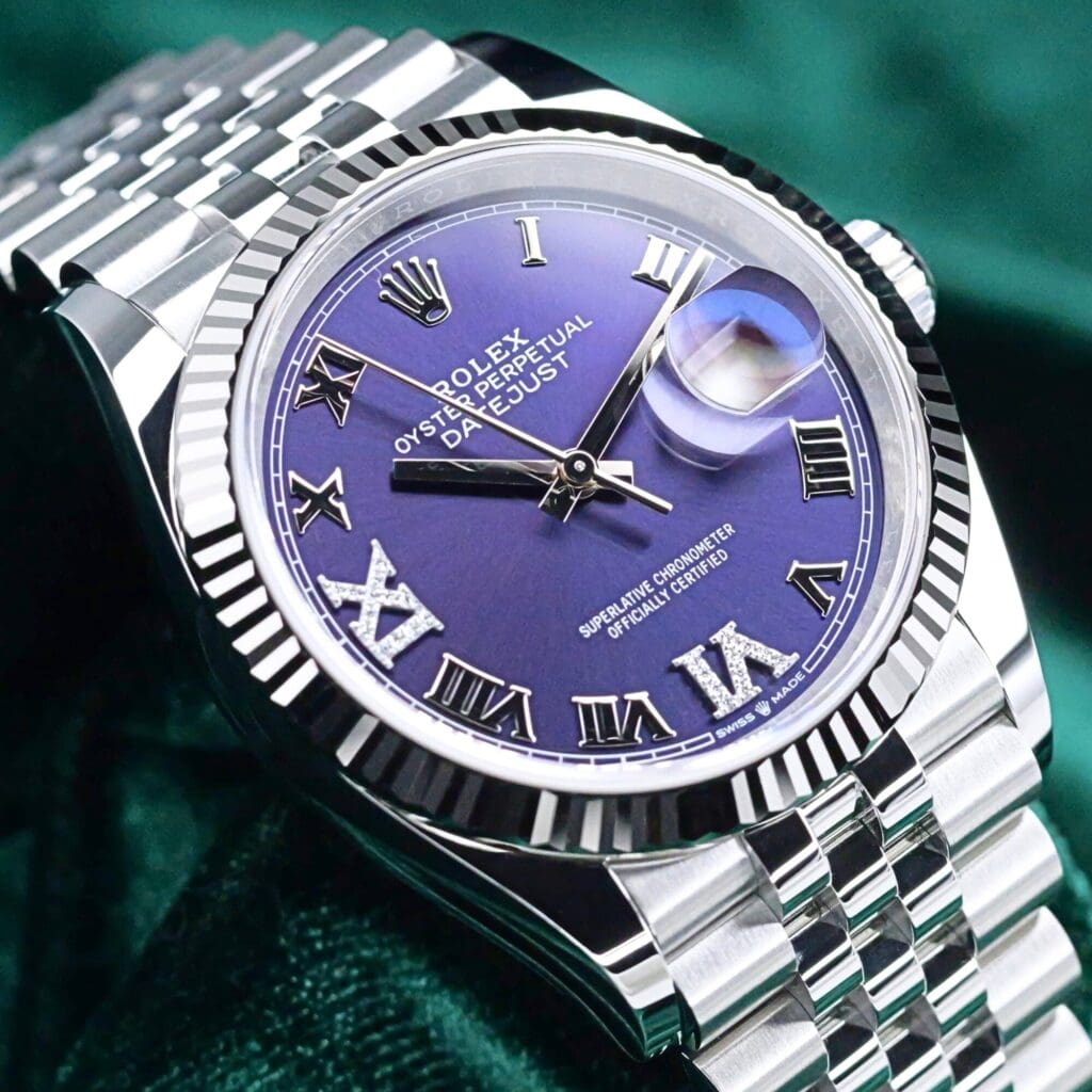 2026 NEW UNWORN Rolex Datejust Purple Aubergine Dial Diamond Roman Numerals 18K White Gold Fluted Bezel Jubilee Bracelet 36mm COMPLETE SET 126234