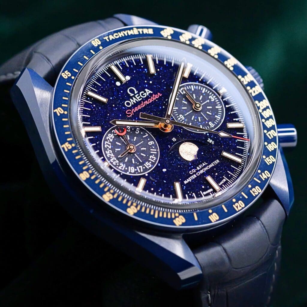 Omega Speedmaster Moonphase "Blue Side of the Moon" Blue Star Aventurine Dial Blue Leather Strap Blue Ceramic 44.25mm MINT CONDITION COMPLETE SET 304.93.44.52.03.002