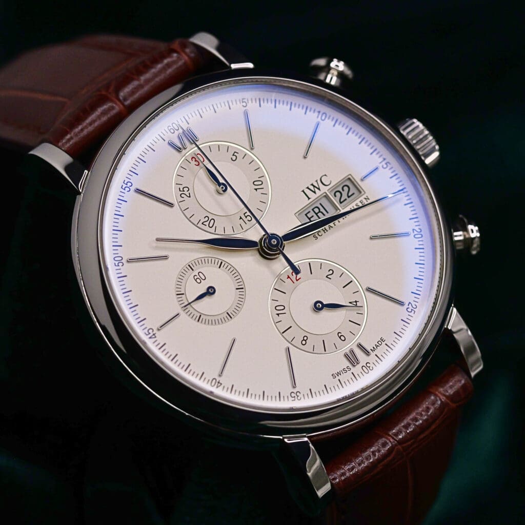 IWC Portofino Chronograph Silver Dial Brown Leather Strap Stainless Steel 42mm MINT CONDITION COMPLETE SET IW391027