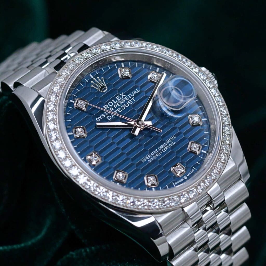 2025 Rolex Datejust 36 Blue Motif Dial Diamond Markers Diamond Bezel Jubilee Bracelet 18K White Gold Stainless Steel 36mm MINT CONDITION 126284RBR