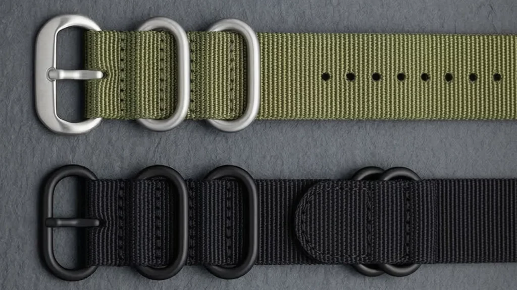 Olive green 3-ring Zulu strap with steel hardware next to black 5-ring Zulu strap with black PVD hardware