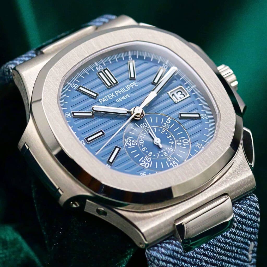 2025 Patek Philippe Nautilus Flyback Chronograph Blue Dial 18K White Gold Blue Calfskin Denim Strap 40.5mm MINT CONDITION COMPLETE SET 5980/60G-001