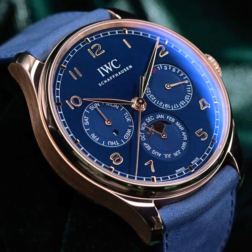 2024 IWC Portugieser Perpetual Calendar 42 Blue Dial Blue Suede Leather Strap 18K Rose Gold MINT CONDITION COMPLETE SET IW344205