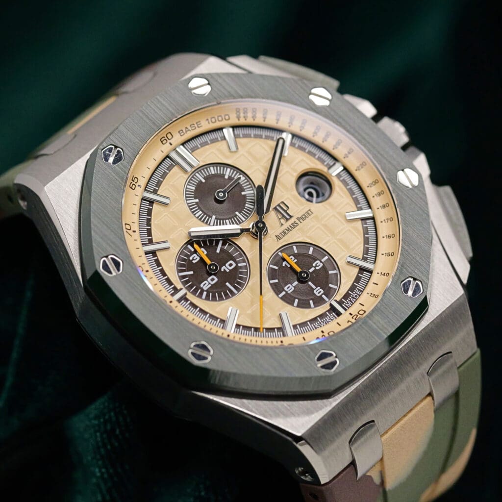 Audemars Piguet Royal Oak Offshore Chronograph "Combat" Champagne Dial Green Ceramic Bezel Camouflage Green Rubber Strap Stainless Steel 44mm MINT CONDITION COMPLETE SET 26400SO.OO.A054CA.01