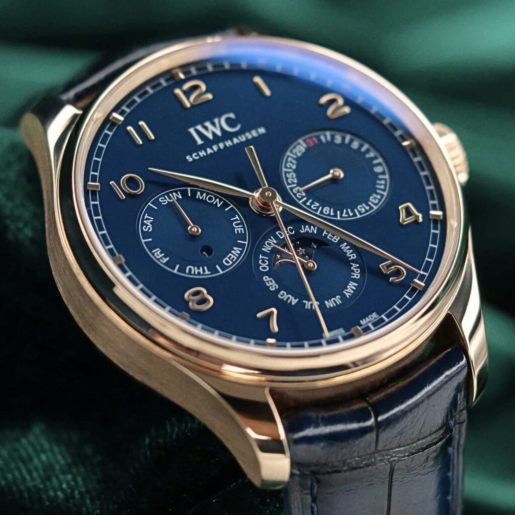 IWC Portugieser Perpetual Calendar Blue Dial Blue Alligator Strap 18K Rose Gold 42.4mm MINT CONDITION COMPLETE SET IW344205