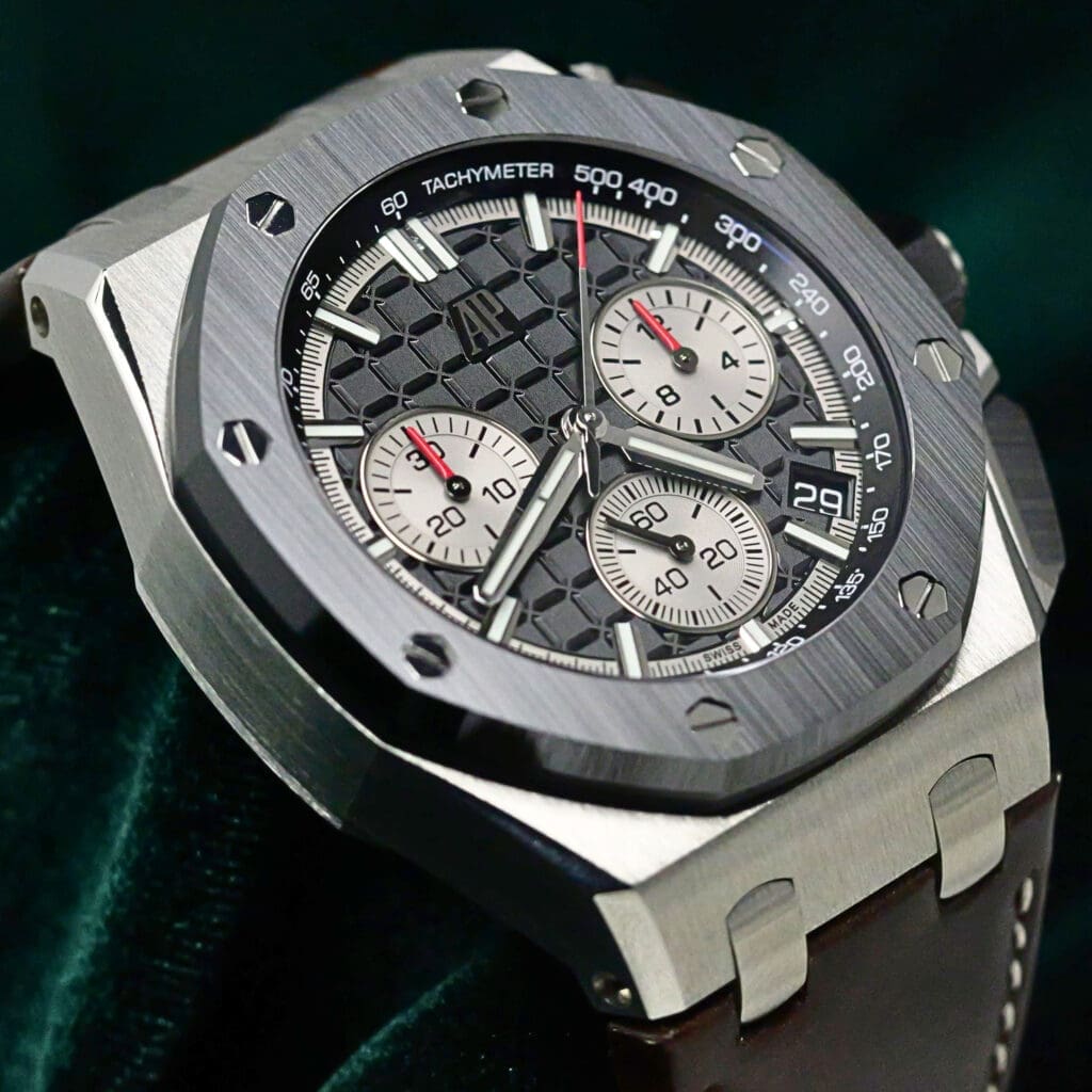 Audemars Piguet Royal Oak Offshore Chronograph Black Dial White Sub Dials Black Ceramic Bezel Brown Leather Strap Stainless Steel 43mm MINT CONDITION COMPLETE SET 26420SO.OO.A002CA.01