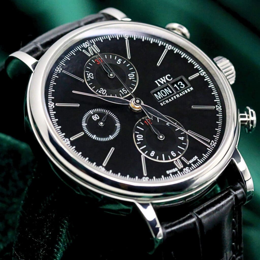 IWC Portofino Chronograph Black Dial Stainless Steel Alligator Strap 42mm MINT CONDITION COMPLETE SET IW391008