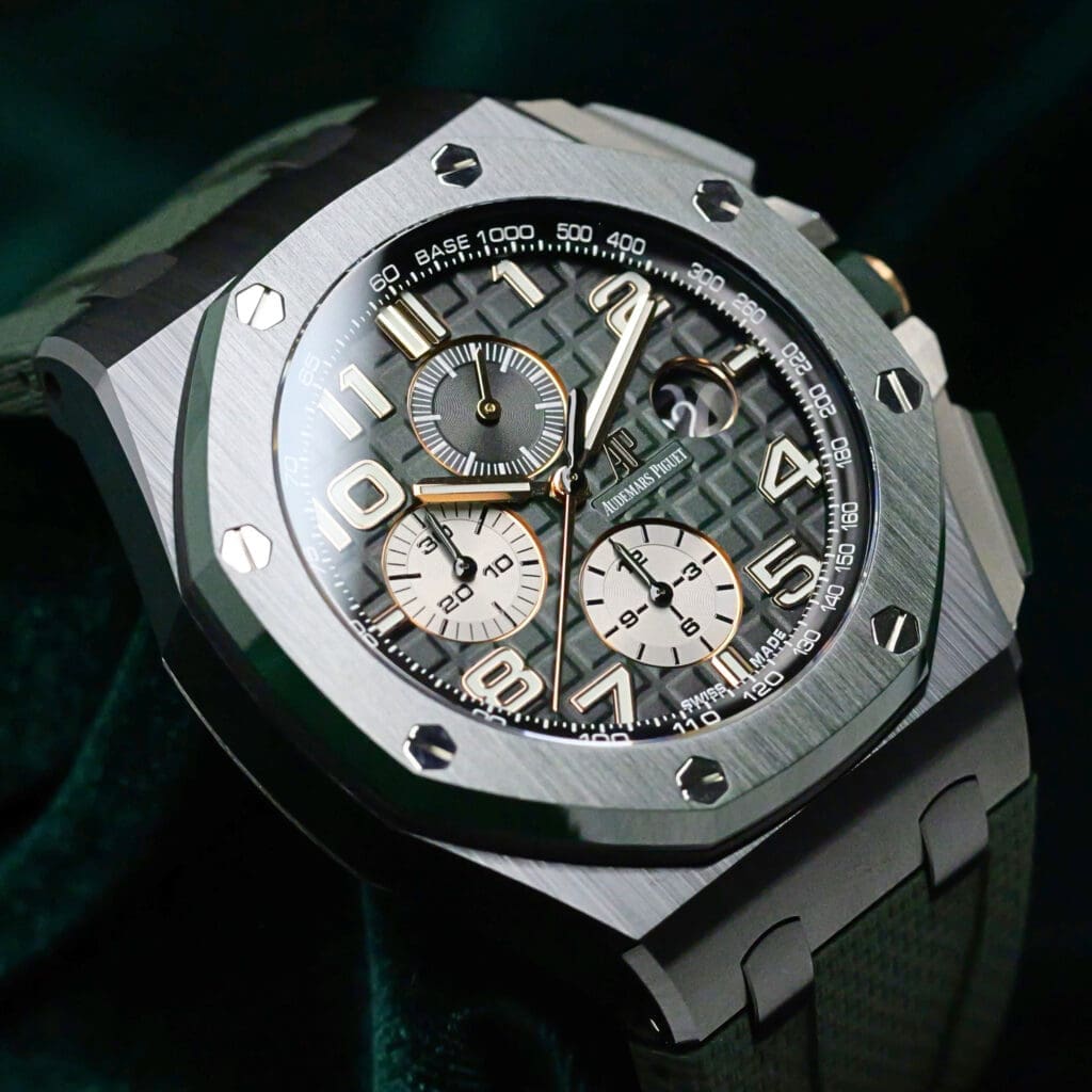 Audemars Piguet Royal Oak Offshore Chronograph Smoked Green Dial Green Ceramic Bezel Gold Hands Green Rubber Strap 44mm MINT CONDITION COMPLETE SET 26405CE.OO.A056CA.01
