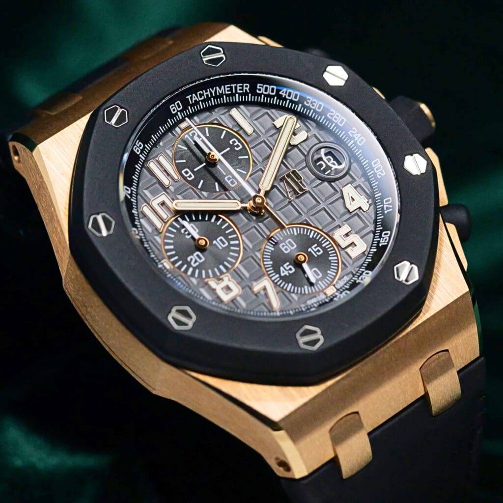 Audemars Piguet Royal Oak Offshore Chronograph "Rubber Clad" Grey Dial Black Rubber Bezel Black Leather Strap 18K Rose Gold 42mm MINT CONDITION COMPLETE SET 26238OK.OO.A002CA.01