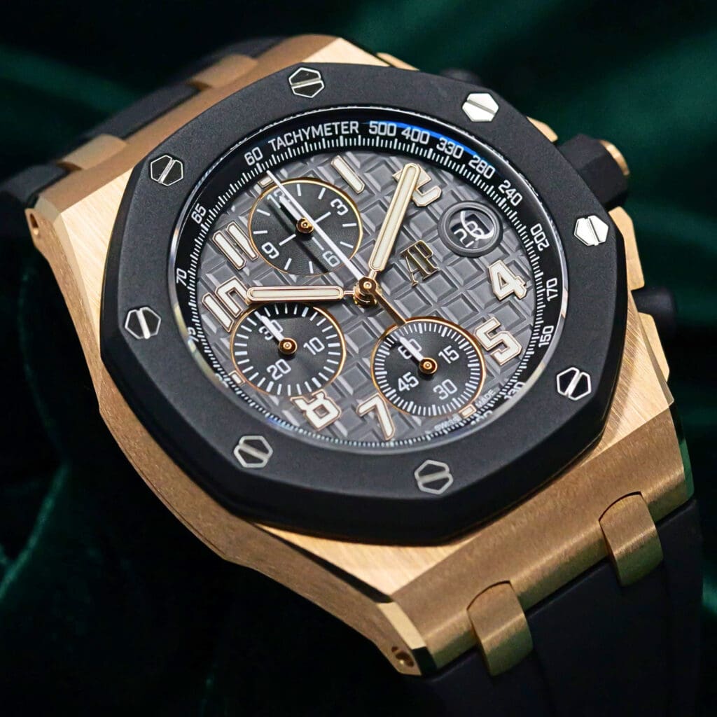 Audemars Piguet Royal Oak Offshore Chronograph "Rubber Clad" Grey Dial Black Rubber Bezel Black Rubber Strap 18K Rose Gold 42mm MINT CONDITION COMPLETE SET 26238OK.OO.A002CA.01