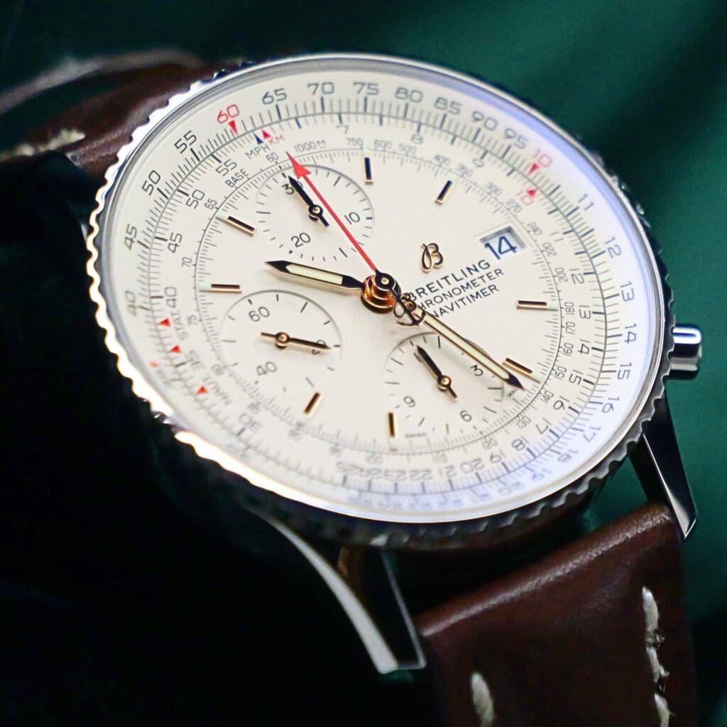 Breitling Navitimer Chronograph "Mercury" Silver Dial Brown Alligator Strap Stainless Steel 41mm MINT CONDITION COMPLETE SET A13324121G1X1