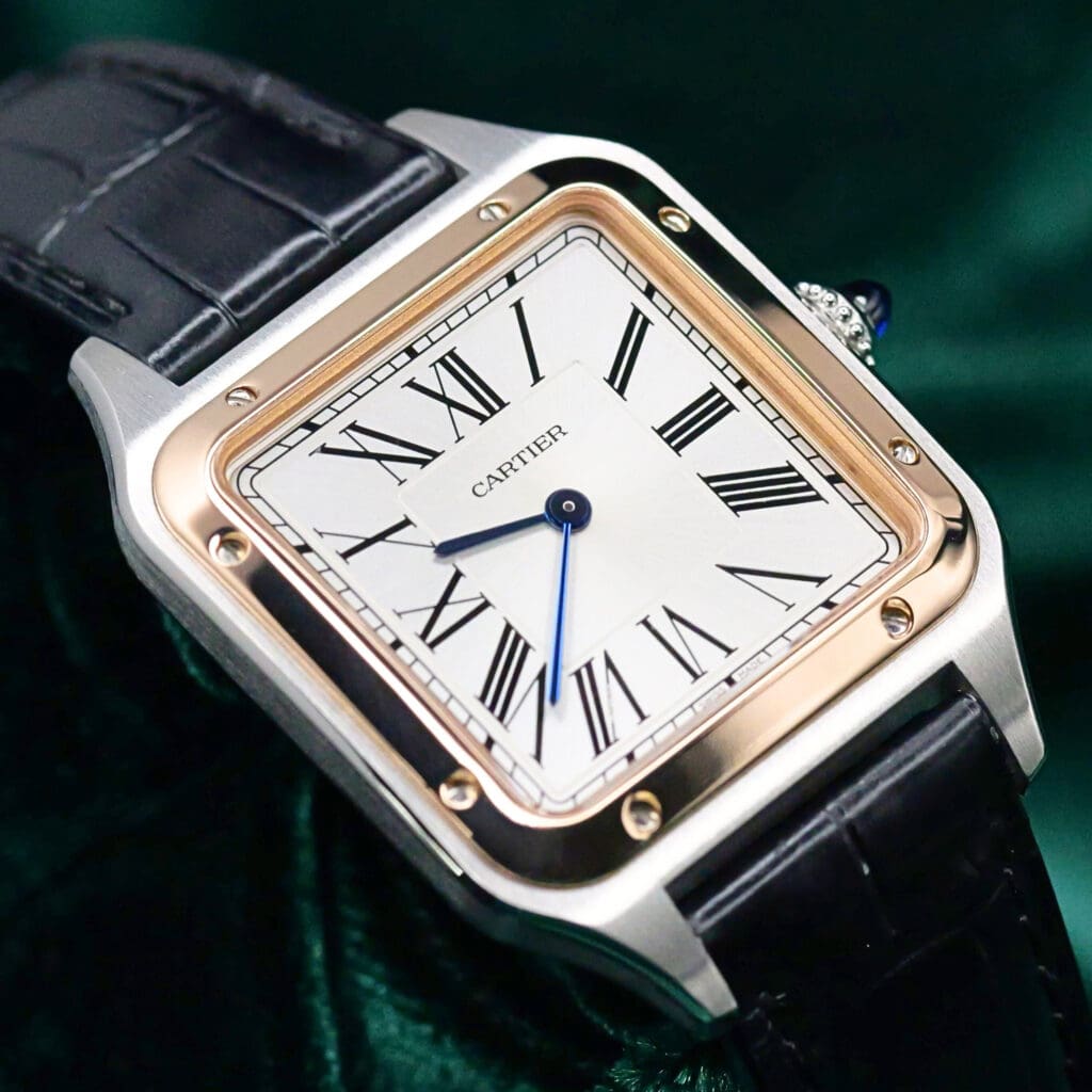 Cartier Santos Silver Dial Rose Gold Bezel Black Alligator Leather Strap Two Tone Rose Gold Stainless Steel 31mm MINT CONDITION W2SA0011