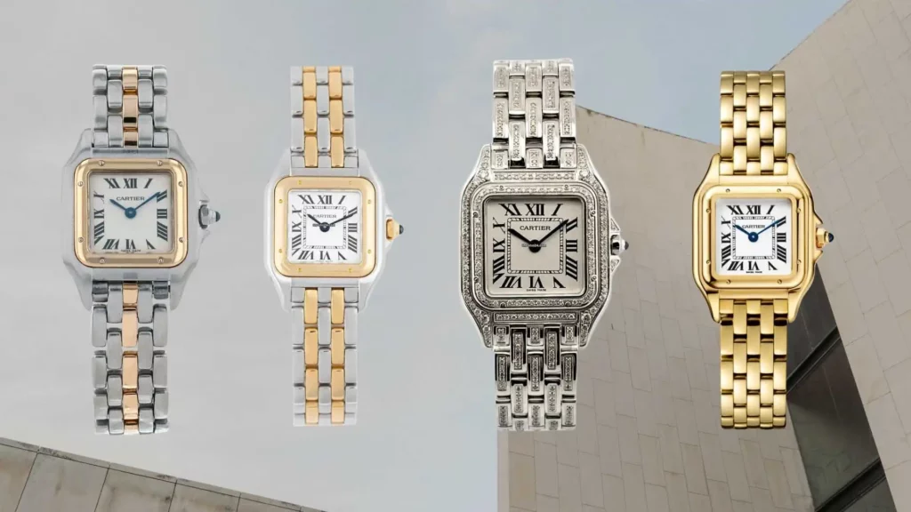 Four Cartier Panthère watches in various metals: two-tone stainless steel and yellow gold, stainless steel with diamond bezel, and full yellow gold.
