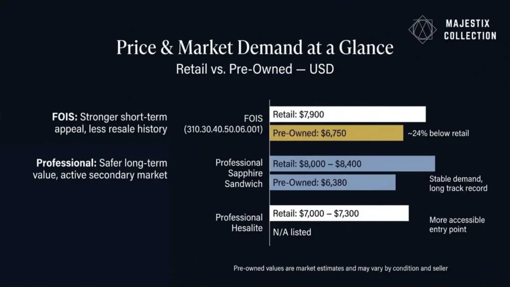 nfographic showing retail vs. pre-owned market value for the Speedmaster FOIS and Professional Sapphire/Hesalite models.
