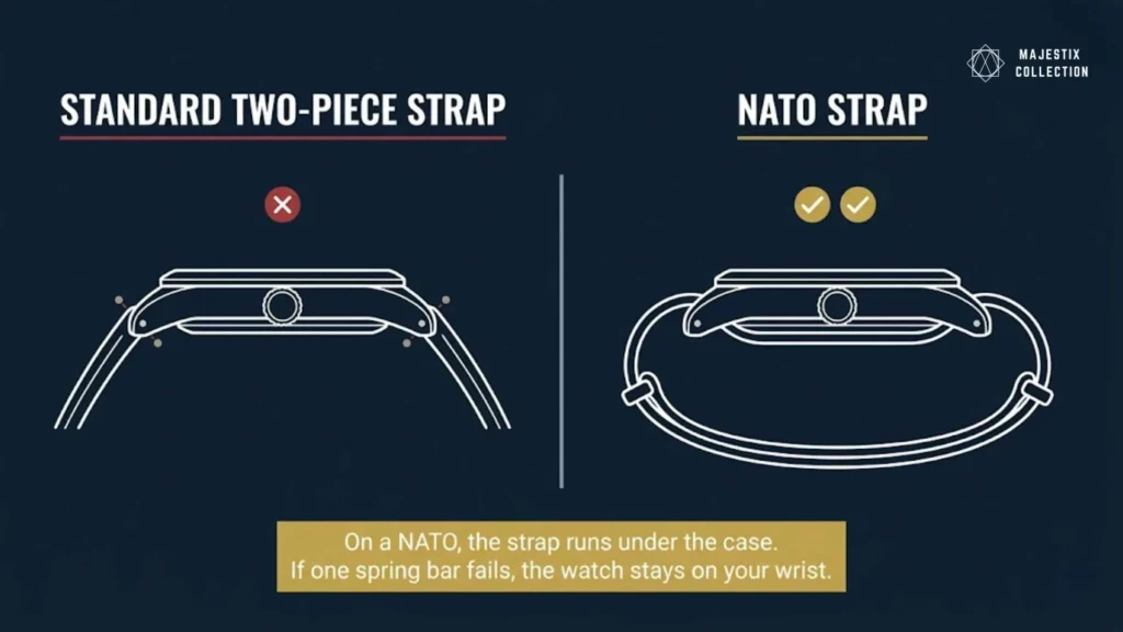 Diagram showing how a NATO strap threads under a watch case through both spring bars