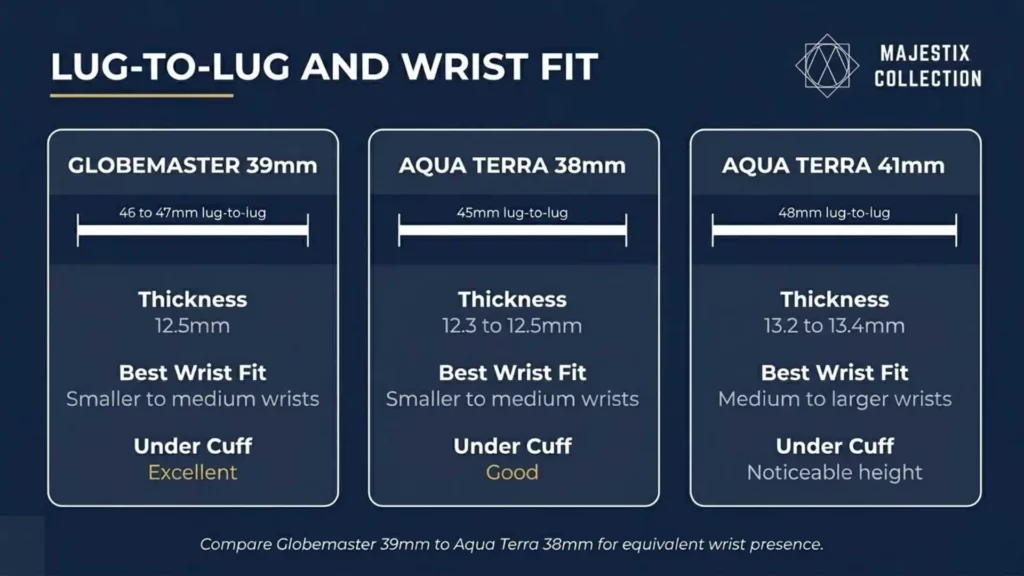 Dimensions and wrist fit guide for Omega Globemaster 39mm, Aqua Terra 38mm, and Aqua Terra 41mm including lug-to-lug and thickness.