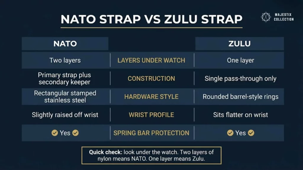 Side-by-side comparison chart of NATO strap versus Zulu strap key differences and features