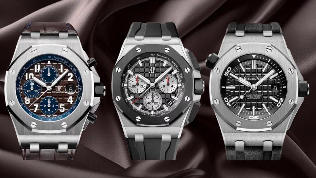 Three Royal Oak Offshore references side by side in brown chronograph, black chronograph, and black diver on rubber straps