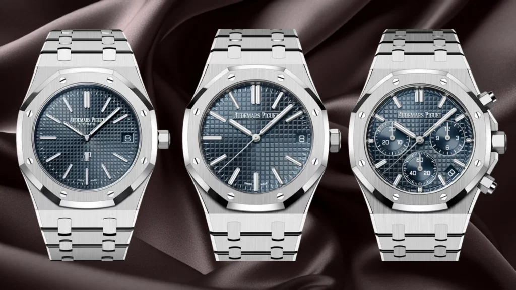Three Audemars Piguet Royal Oak references side by side in blue dial time-only, blue dial Jumbo, and blue dial chronograph on steel bracelets