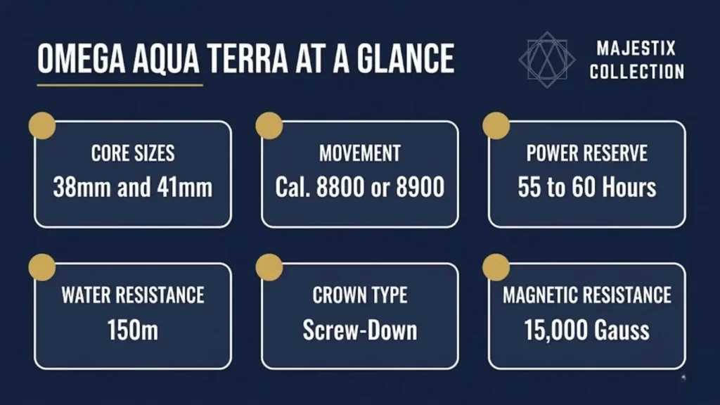 Omega Aqua Terra key specs infographic with movement size and water resistance
