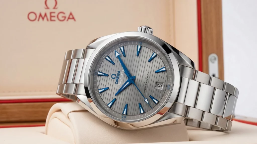 Omega Aqua Terra 41mm grey dial with blued hands on steel bracelet with Omega box