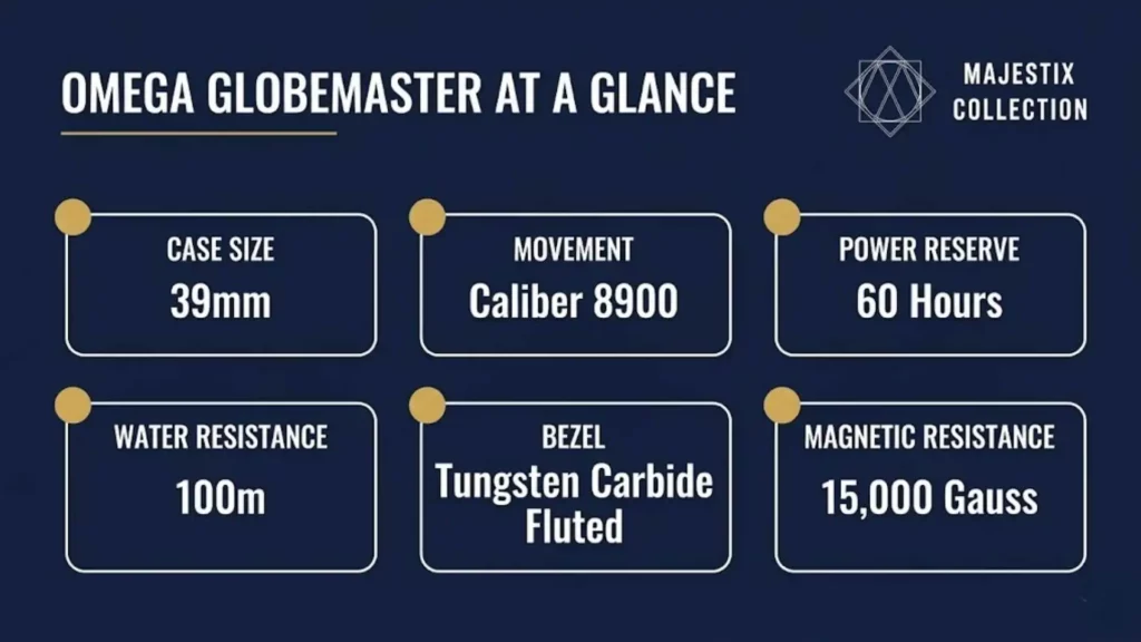 Omega Globemaster key specs infographic showing movement and case details