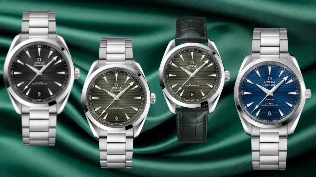 Four Omega Seamaster Aqua Terra watches with various dial colors including black, olive green, and blue on steel bracelets and leather straps.