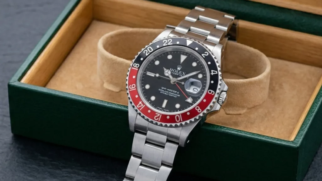 Rolex GMT-Master II Coke Ref. 16710 black and red bezel on Oyster bracelet inside green Rolex box