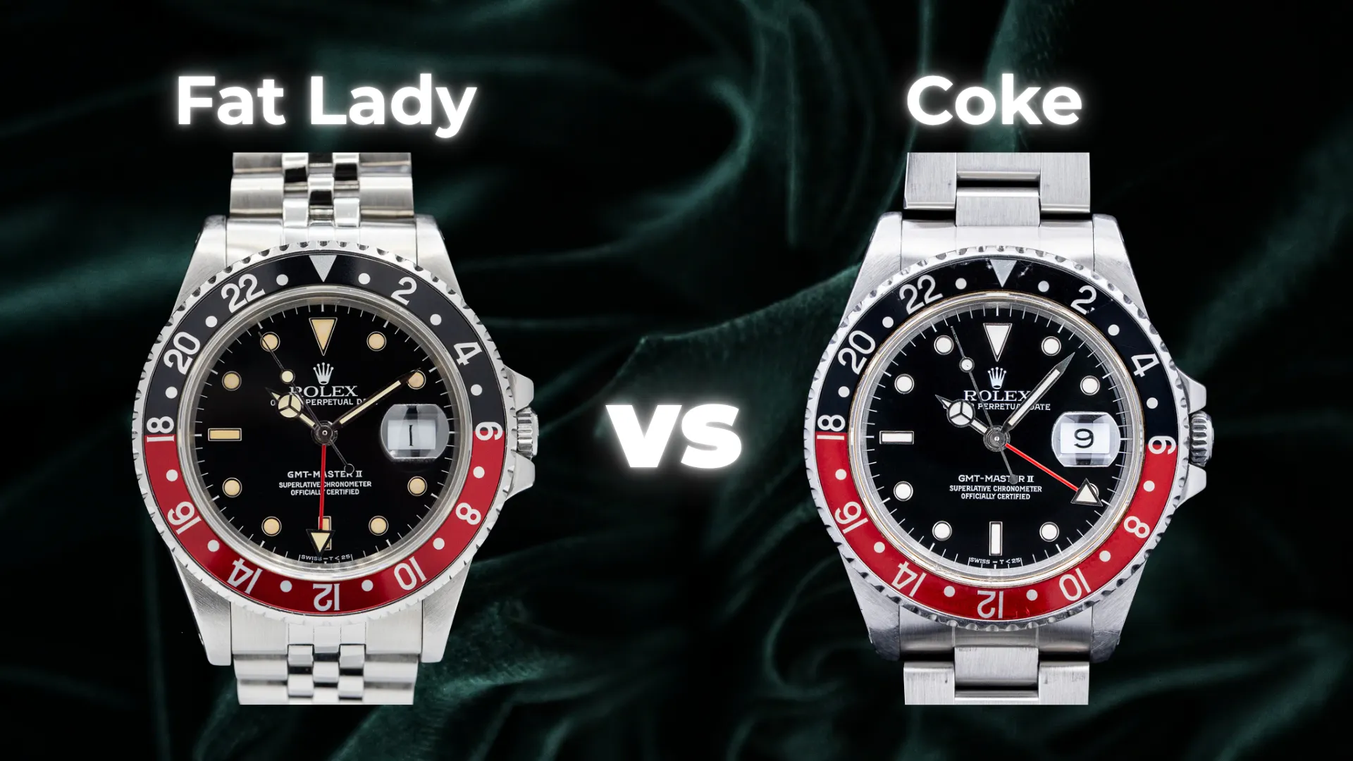 Rolex GMT-Master II Fat Lady on Jubilee vs Coke on Oyster bracelet side by side comparison
