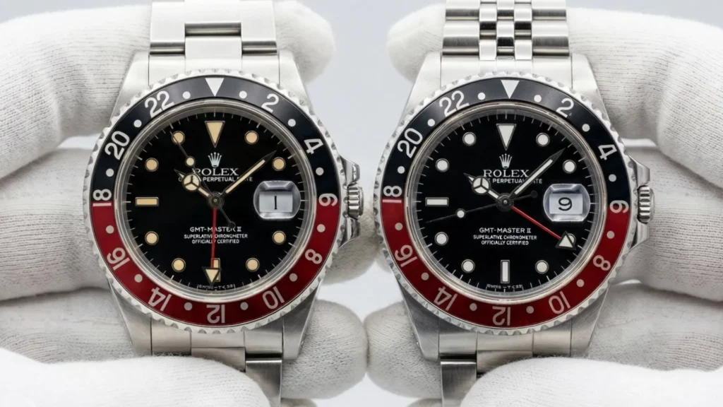 Rolex Fat Lady Ref. 16760 with patina lume next to Coke Ref. 16710 with white lume held in white gloves