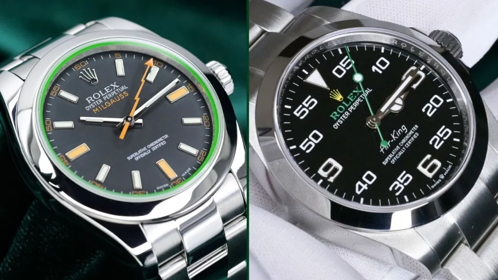 Rolex Milgauss vs Air-King dial close-up