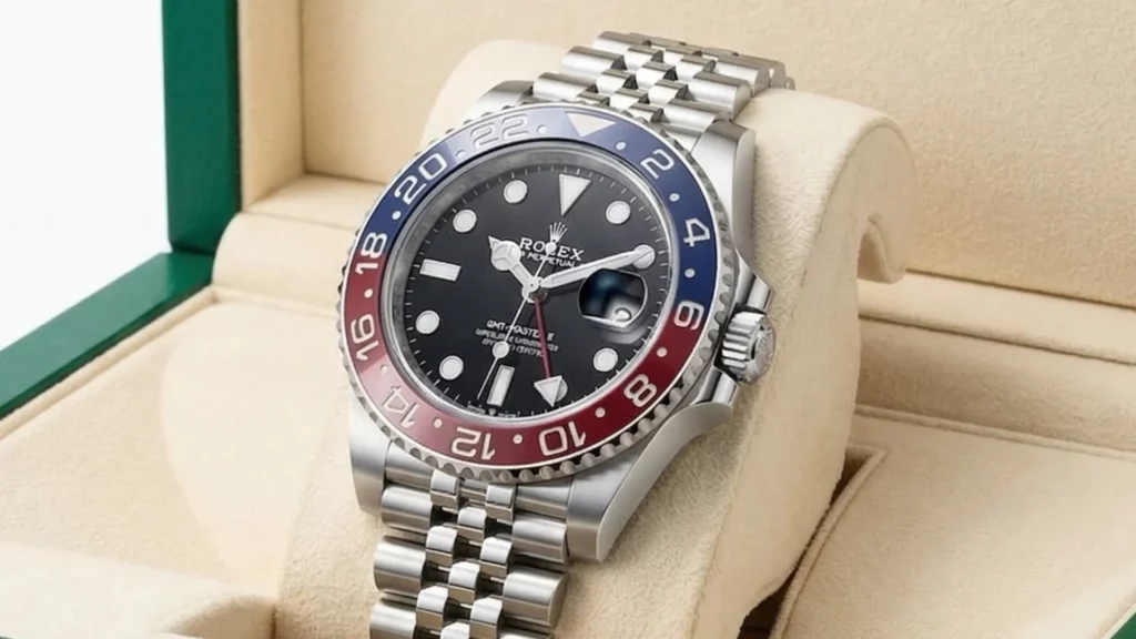 Rolex GMT-Master II Pepsi blue and red bezel on Jubilee bracelet inside green Rolex box