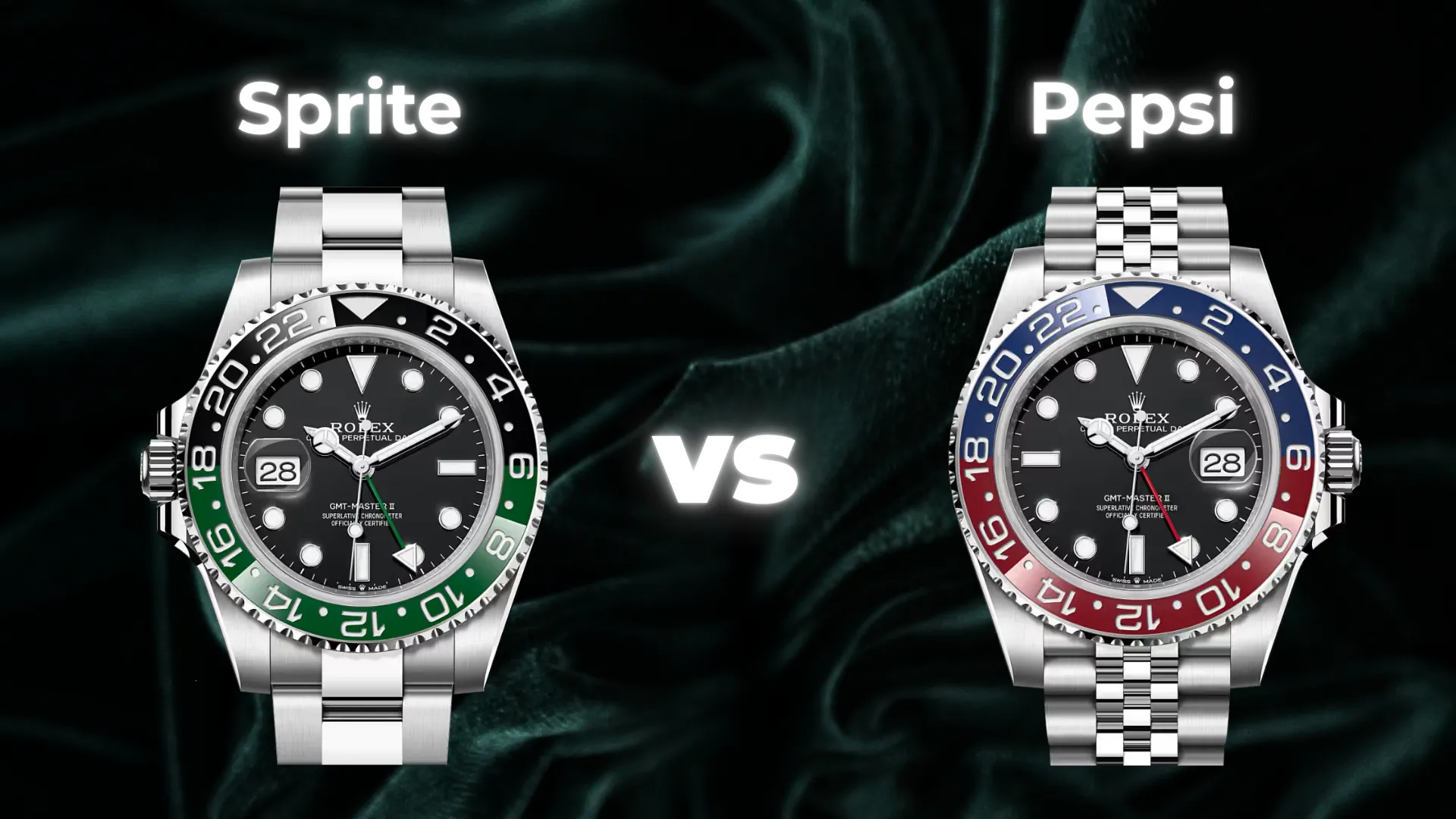 Rolex GMT-Master II Sprite on Oyster bracelet vs Pepsi on Jubilee bracelet side by side comparison