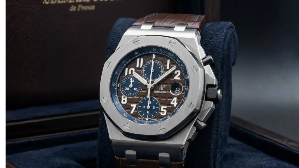 Audemars Piguet Royal Oak Offshore brown and blue dial chronograph on leather strap with AP box
