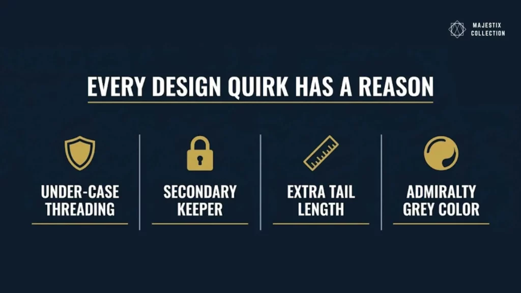 Four-part diagram explaining the engineering design decisions of a NATO watch strap