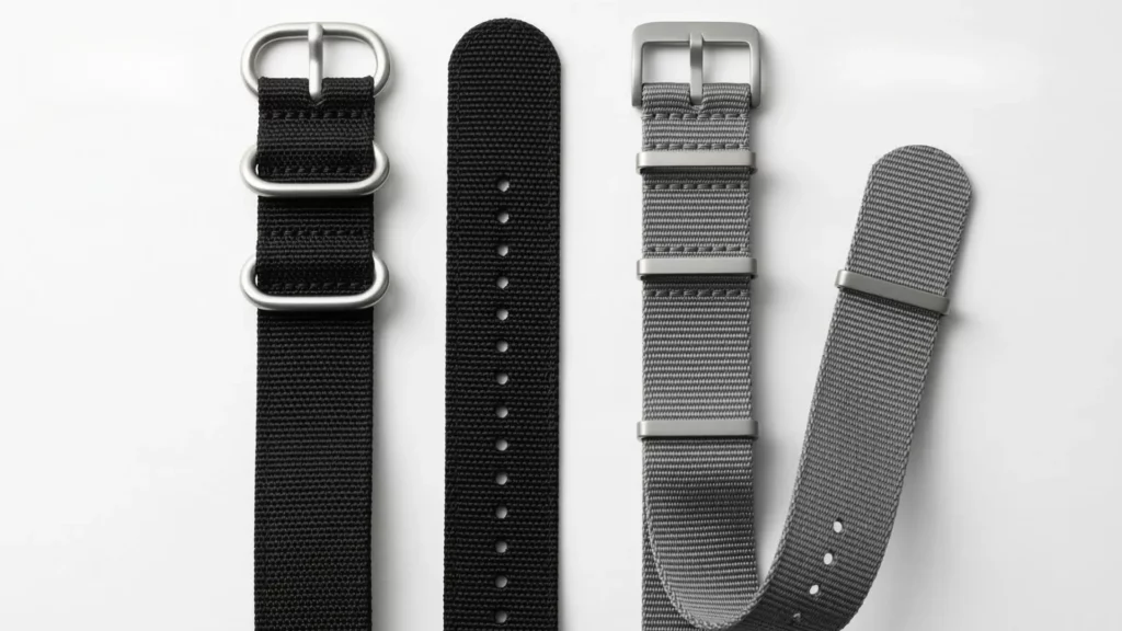 Black Zulu strap with oval rings next to grey NATO strap with flat keepers showing construction differences