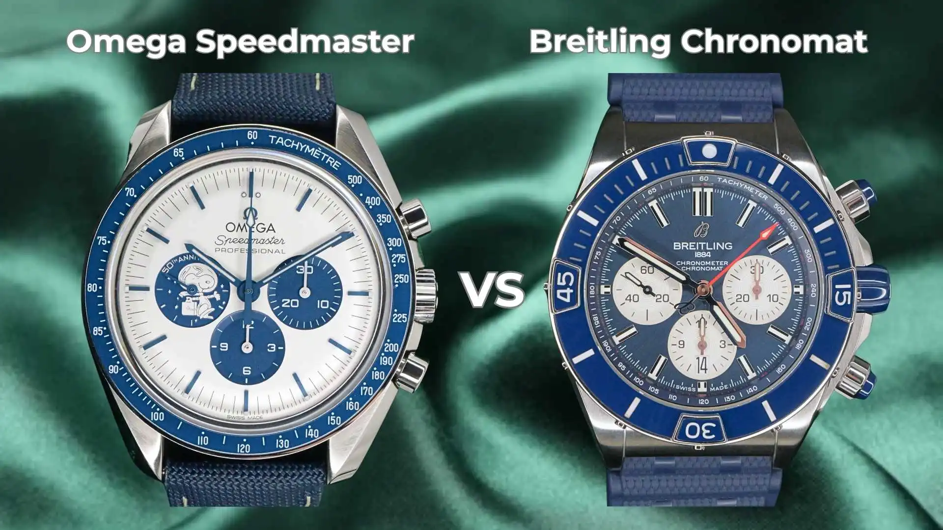 Side-by-side comparison of an Omega Speedmaster Silver Snoopy Award 50th Anniversary edition with a blue tachymeter bezel and a Breitling Super Chronomat B01 with a blue ceramic bezel and rubber strap.