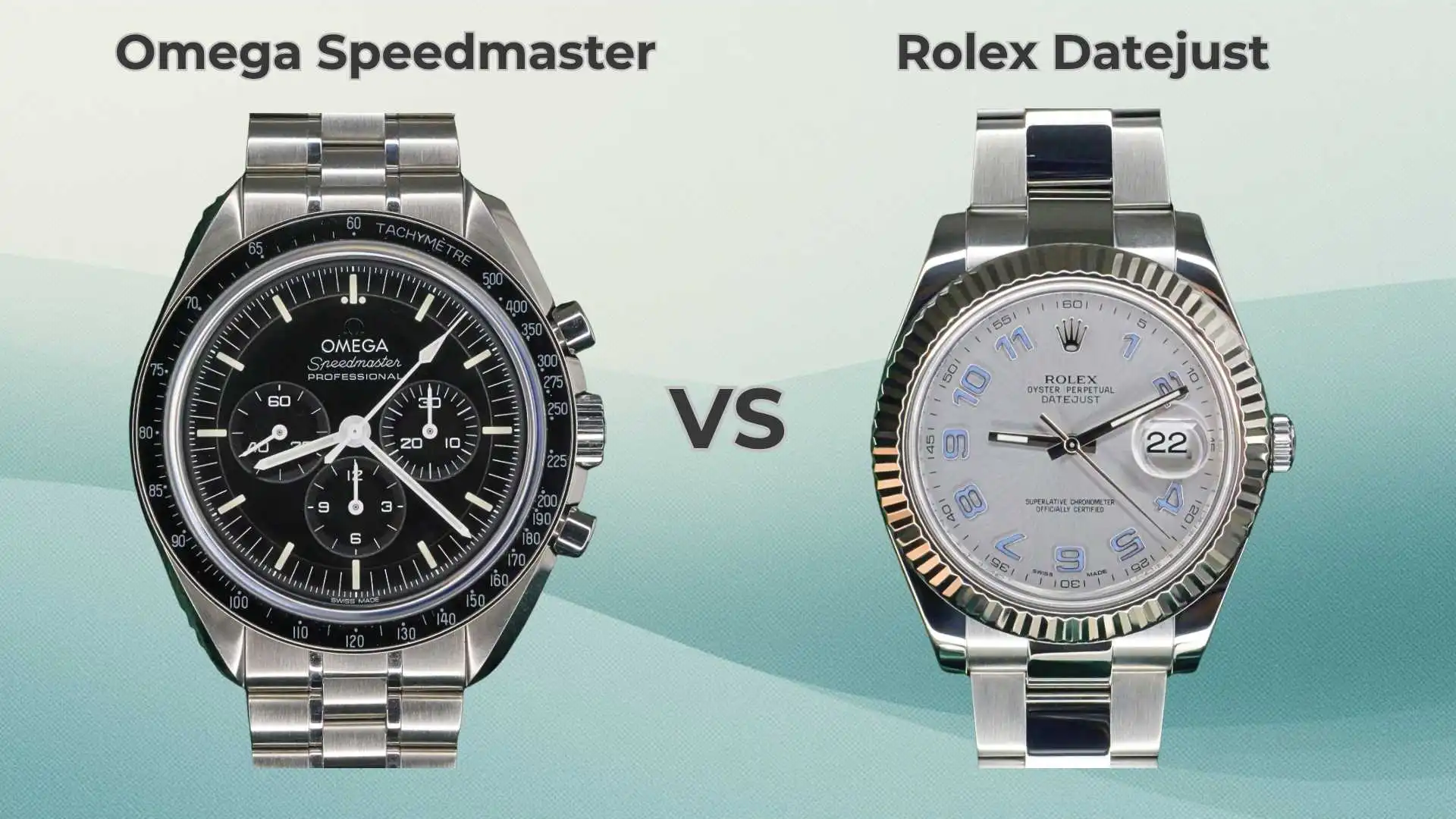 Side-by-side comparison of an Omega Speedmaster Professional Moonwatch with a black chronograph dial and a Rolex Datejust 41 featuring a silver fluted motif dial, blue Arabic numerals, and a fluted bezel.