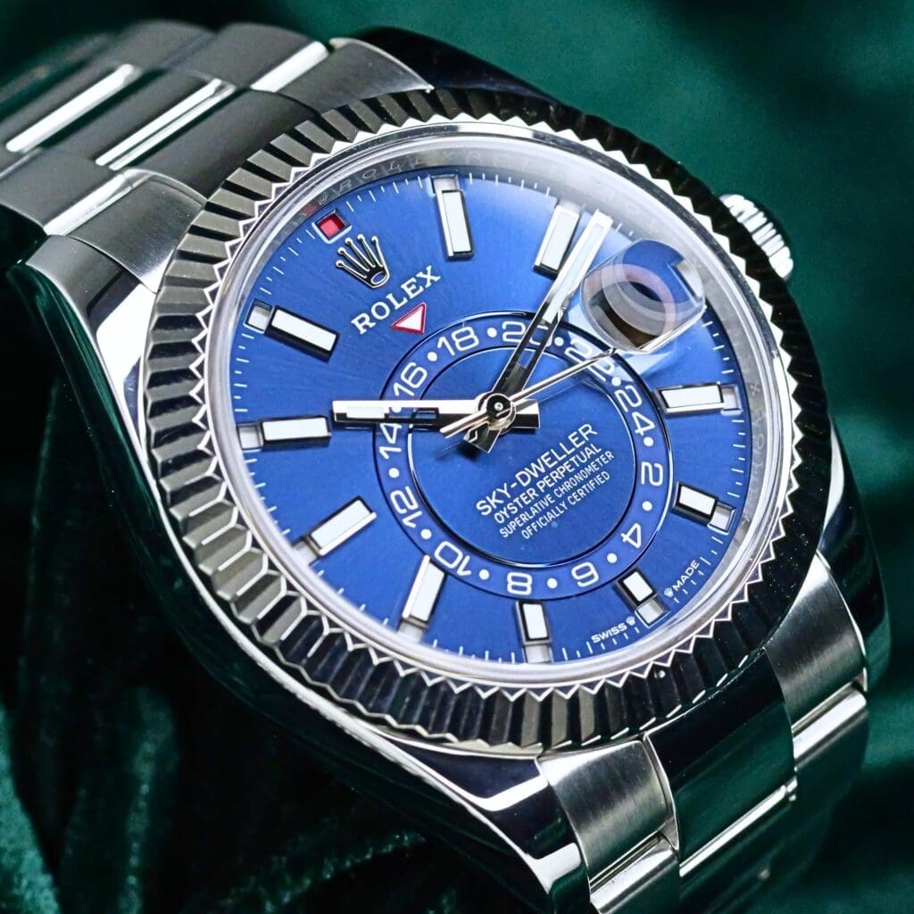 2025 Rolex Sky-Dweller  Blue Dial 18k White Gold Fluted Bezel Oyster Bracelet Stainless Steel 42mm MINT CONDITION COMPLETE SET 336934-0005