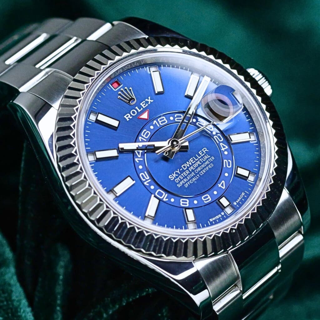 2025 Rolex Sky-Dweller  Blue Dial 18k White Gold Fluted Bezel Oyster Bracelet Stainless Steel 42mm MINT CONDITION COMPLETE SET 336934-0005