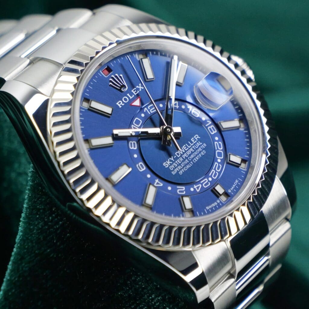 Rolex Oyster Perpetual Sky-Dweller Blue Dial 18K White Gold Fluted Bezel Stainless Steel 42mm MINT CONDITION COMPLETE SET 336934